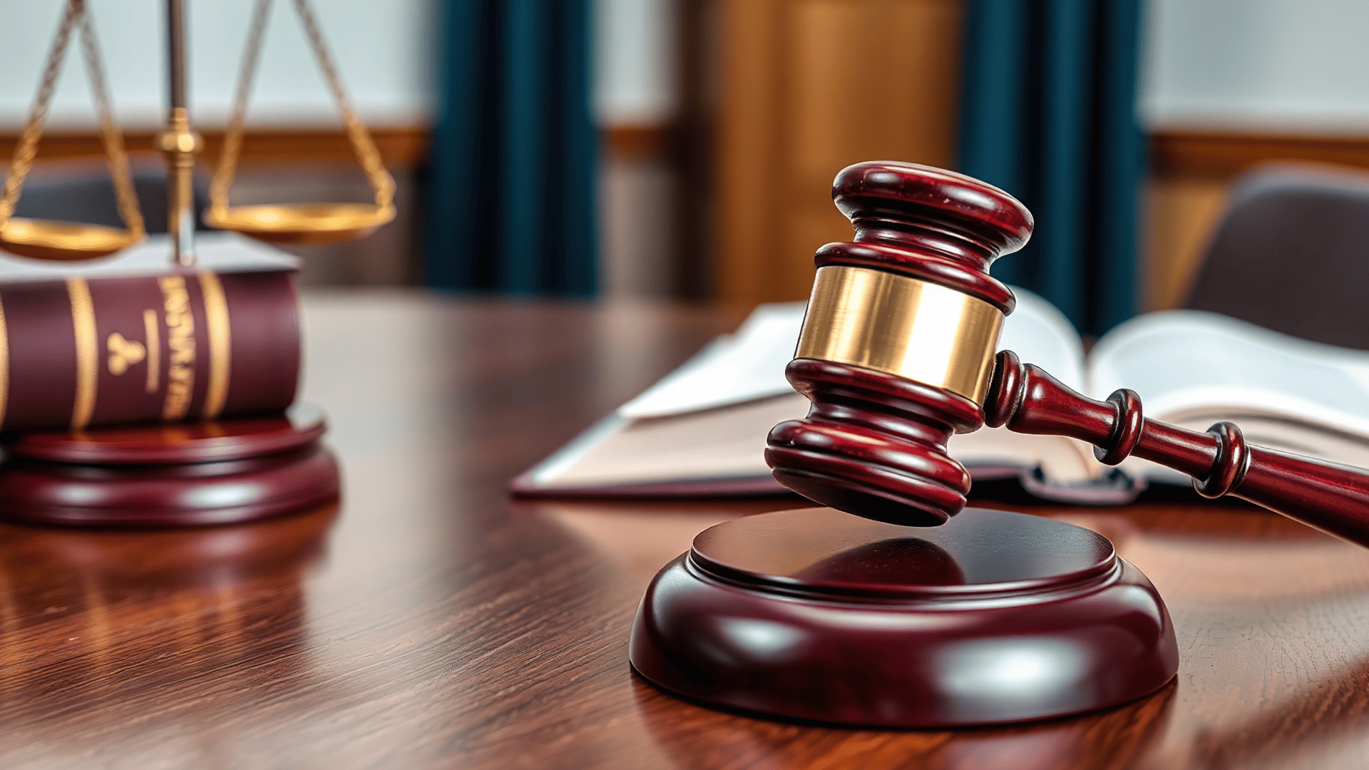 法律書と天秤が並ぶ法的イメージ